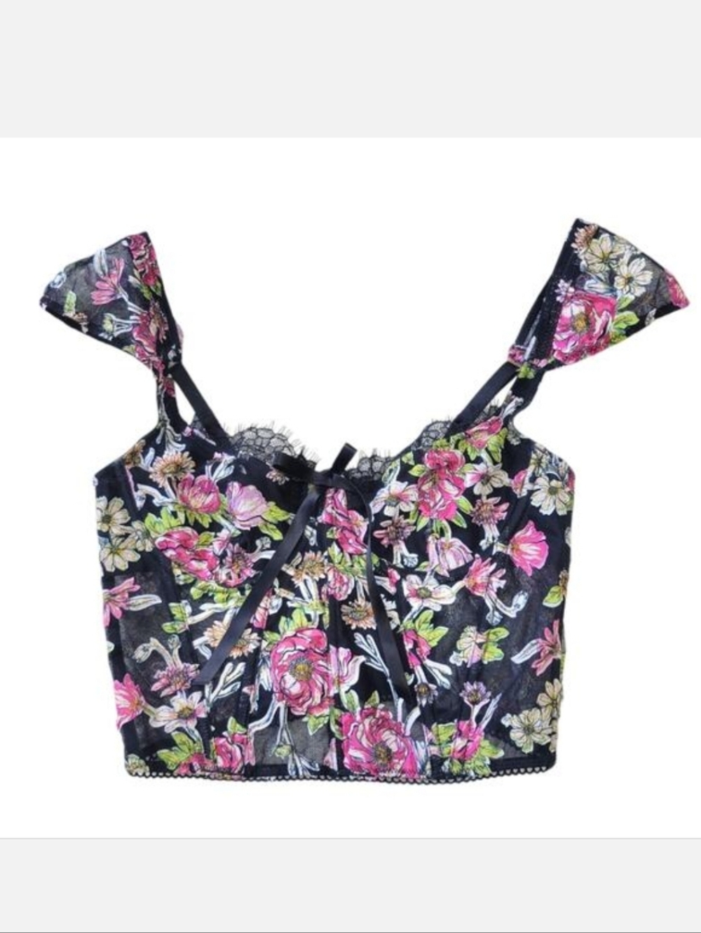 Victoria's Secret Black Floral Lace-Trim Tank Top
